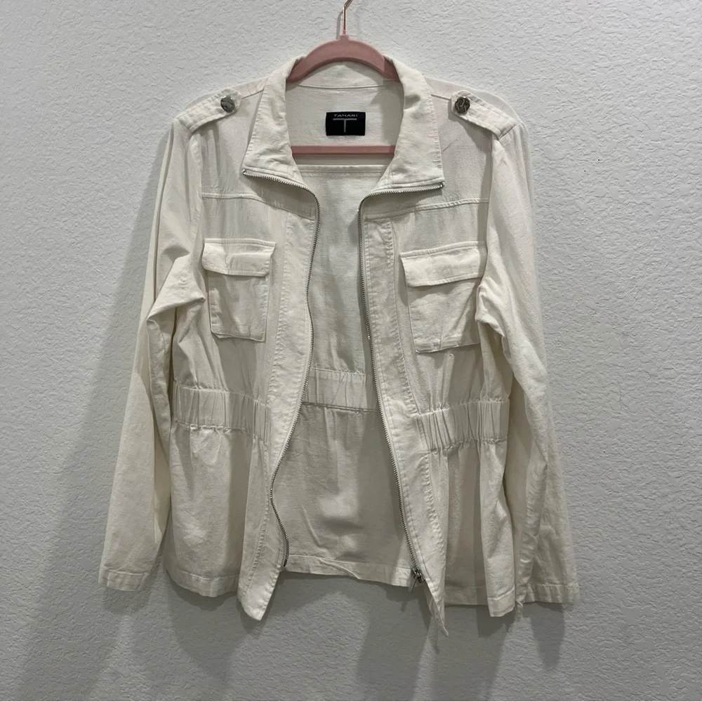 TAHARI Women's White Linen Blend Utility‎ Zio Front Jacket Size M Summer Staple!